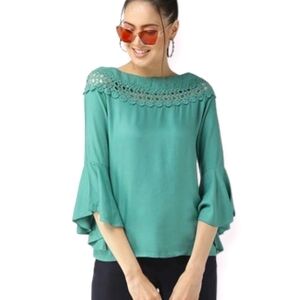 Teal Crochet Eyelet Lace Bell Flare Sleeve A Line Blouse Size Small